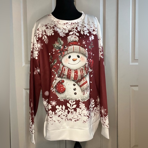 Tops - NWOT Winter Snowman Sweatshirt, Snowflakes, Large, Dark Red